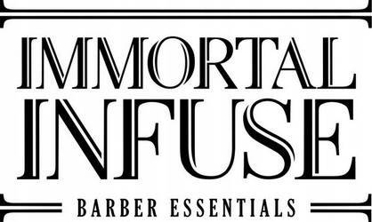 Texto IMMORTAL INFUSE BARBER ESSENTIALS em preto sobre fundo branco com linhas decorativas