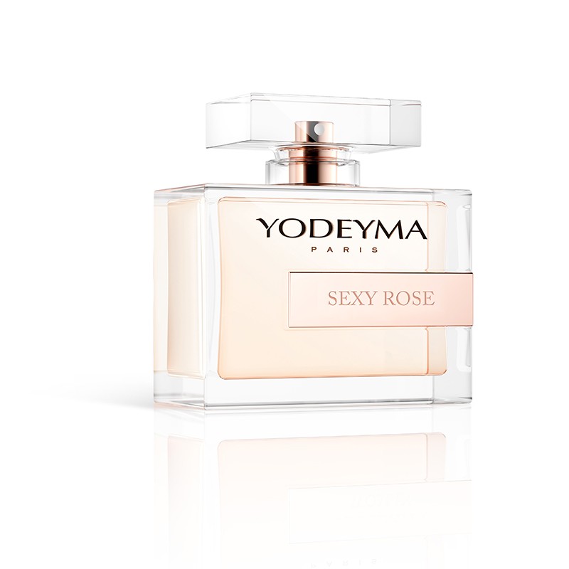 Frasco de perfume YODEYMA SEXY ROSE transparente com líquido rosa claro