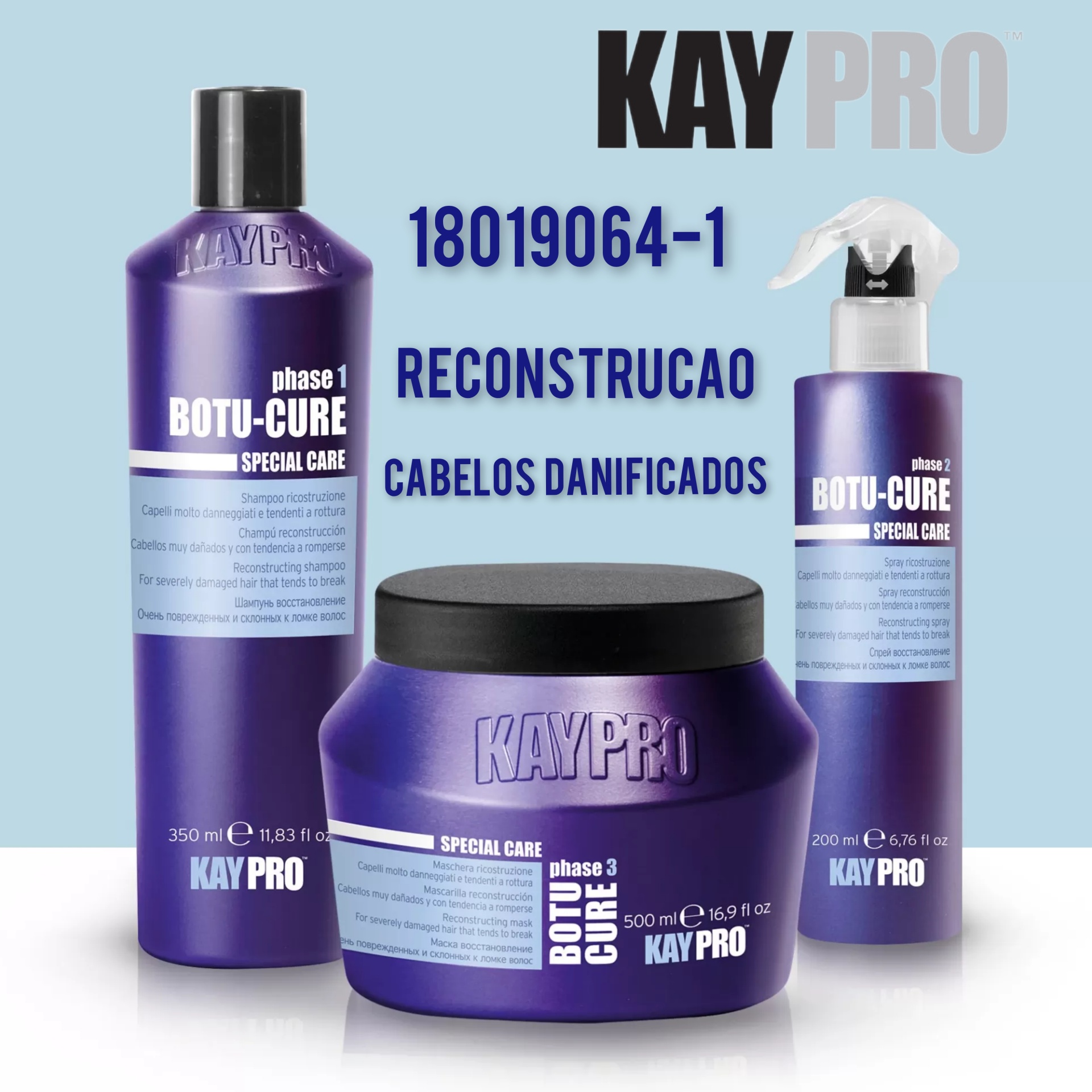 Produtos KAY PRO BOTU-CURE para reconstrução capilar em embalagens roxas.