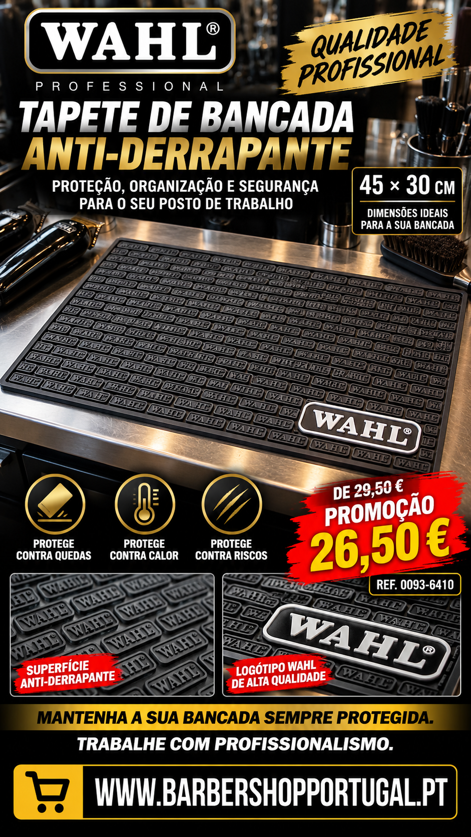 Tapete de bancada preto anti-derrapante com logótipo WAHL e preço promocional