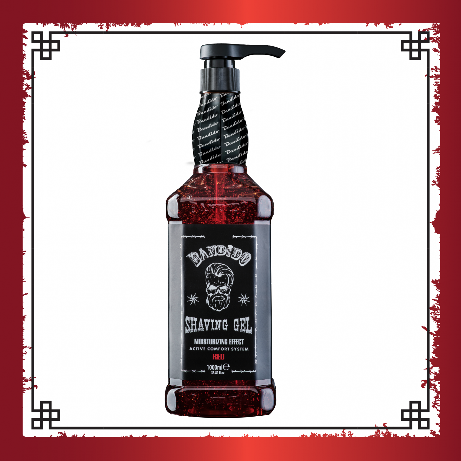 Garrafa vermelha de gel de barbear Badboy com doseador e rótulo preto