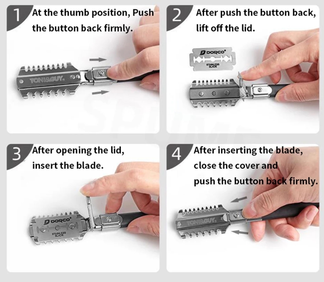 Instruções em inglês para substituição da lâmina num aparelho de barbear DORCO com imagens passo a passo.