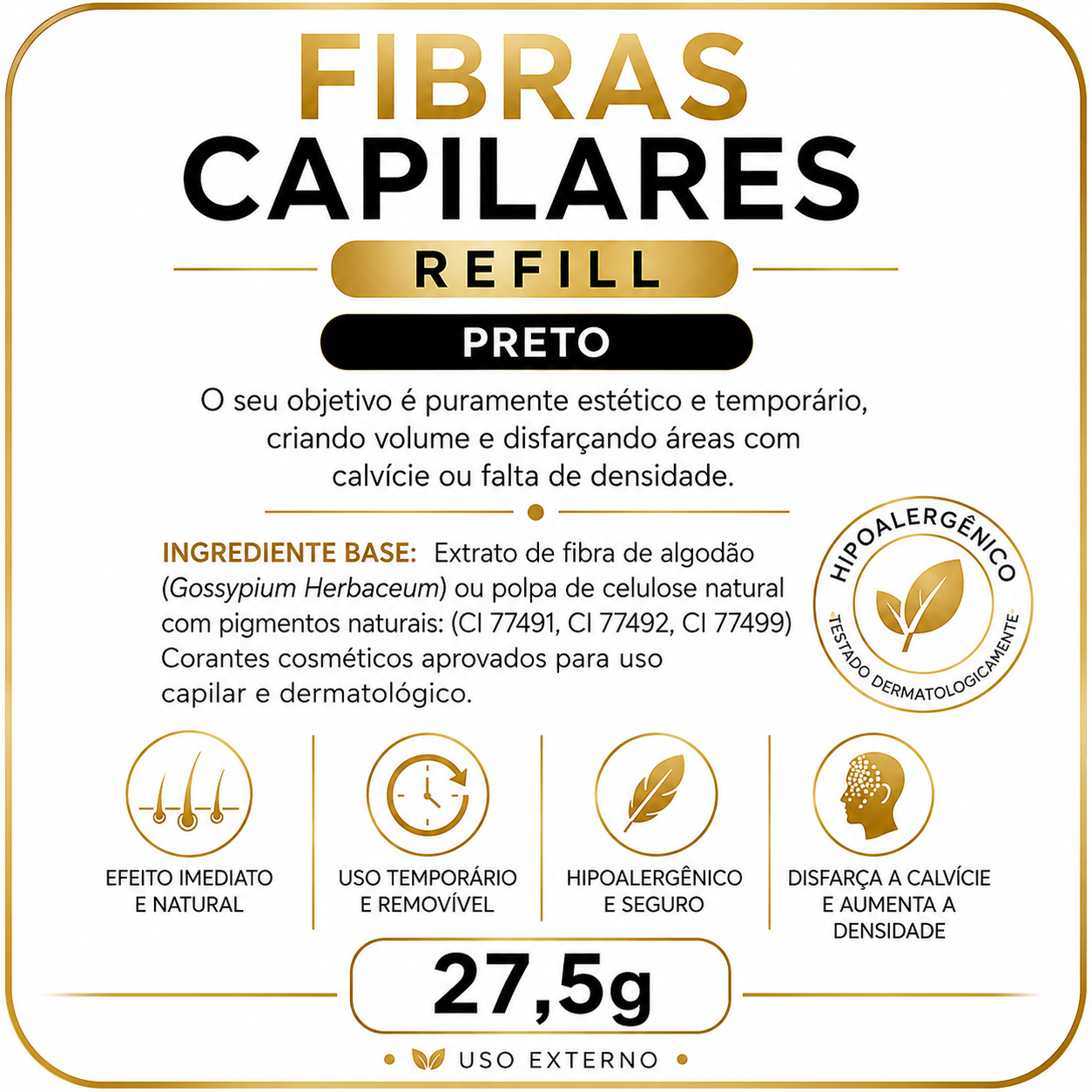 Rótulo de embalagem de fibras capilares refill preto com texto descritivo e ícones