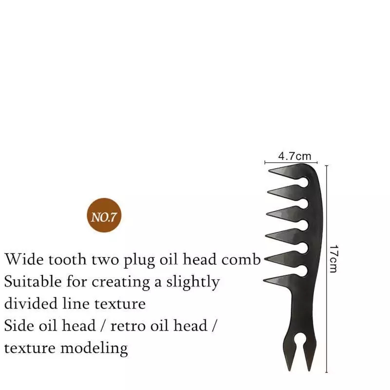 Pente preto com dentes largos e duas pontas finas, com texto explicativo ao lado em inglês.