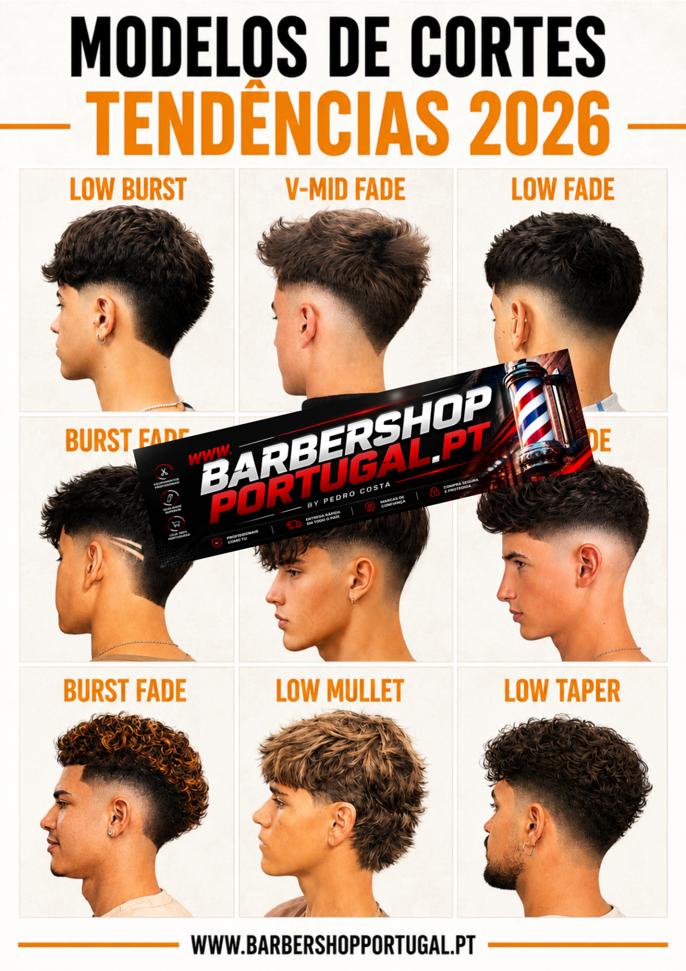 Modelos de cortes de cabelo masculinos para 2026, com nomes e diferentes estilos, apresentados em fundo branco com texto em preto e laranja.