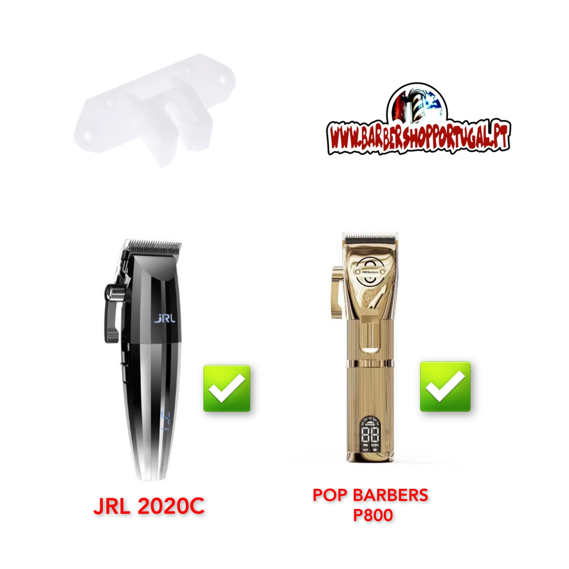 Dois modelos de máquinas de cortar cabelo com marcas JRL 2020C e POP BARBERS P800 e peça de plástico branca