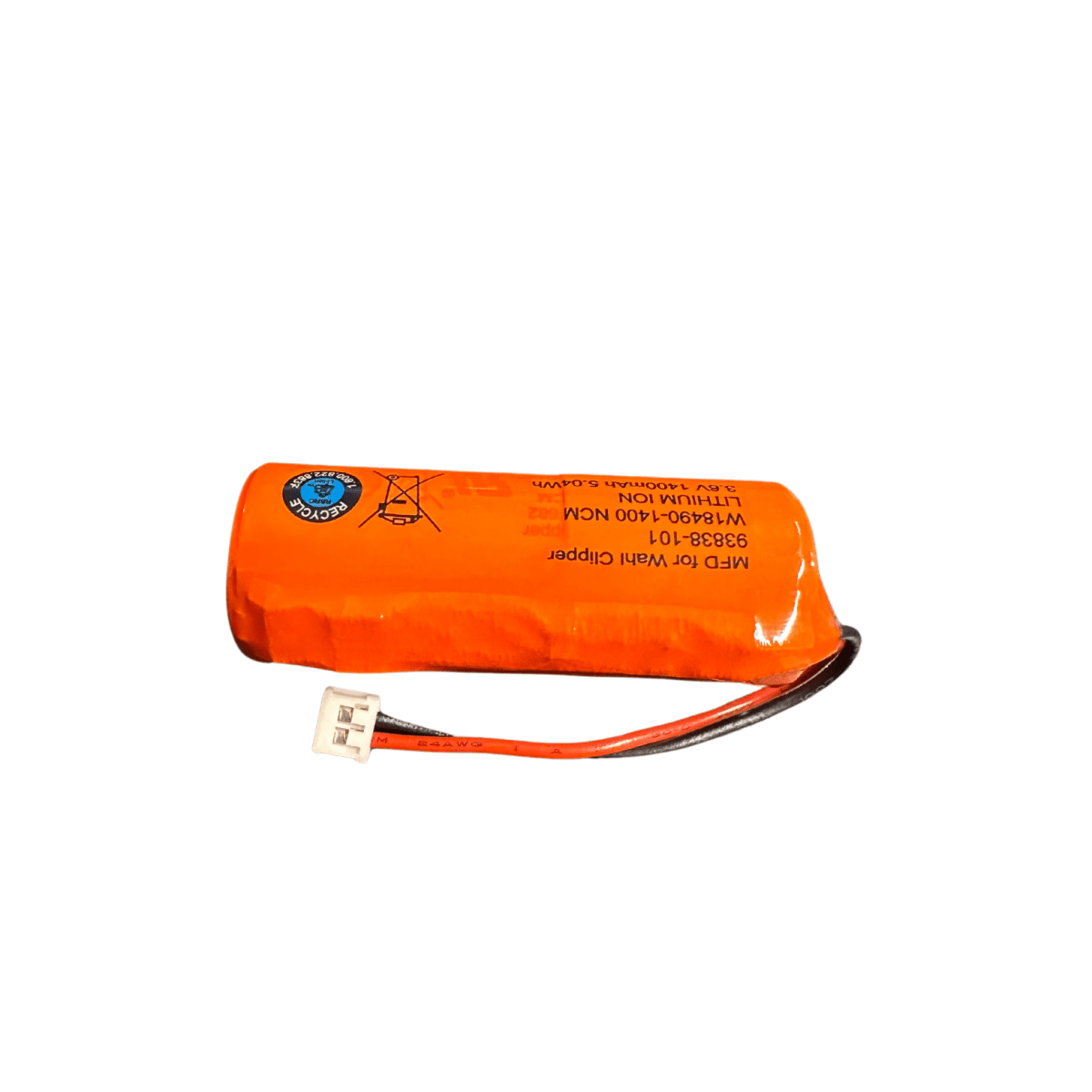 Pilha recarregável de íon de lítio laranja com conector branco e fios preto e laranja