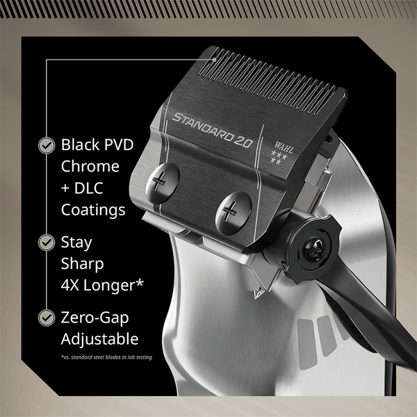 Lâmina de máquina de cortar cabelo preta com texto e informações técnicas