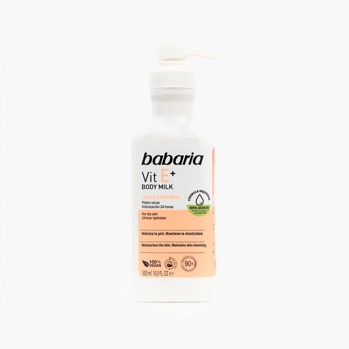 Frasco branco de Babaria Vit E+ Body Milk com doseador