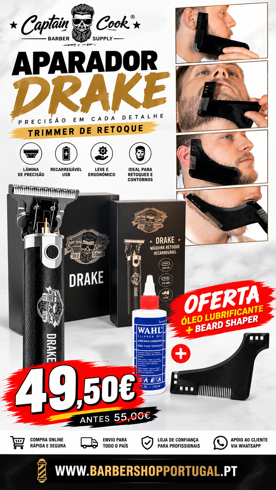 Aparador de barba preto Captain Cook Drake com óleo lubrificante e beard shaper e preço promocional.