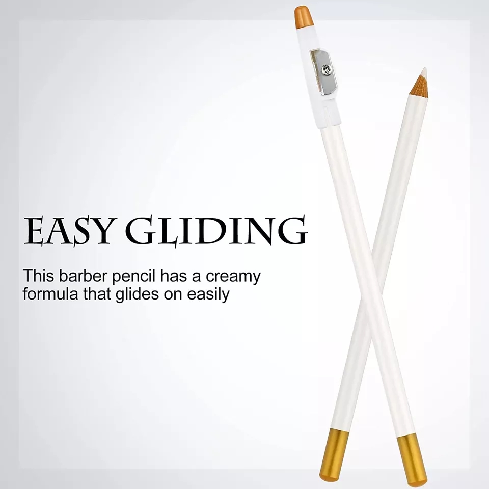 Dois lápis brancos cruzados com pontas amarelas e um apontador, texto em fundo branco