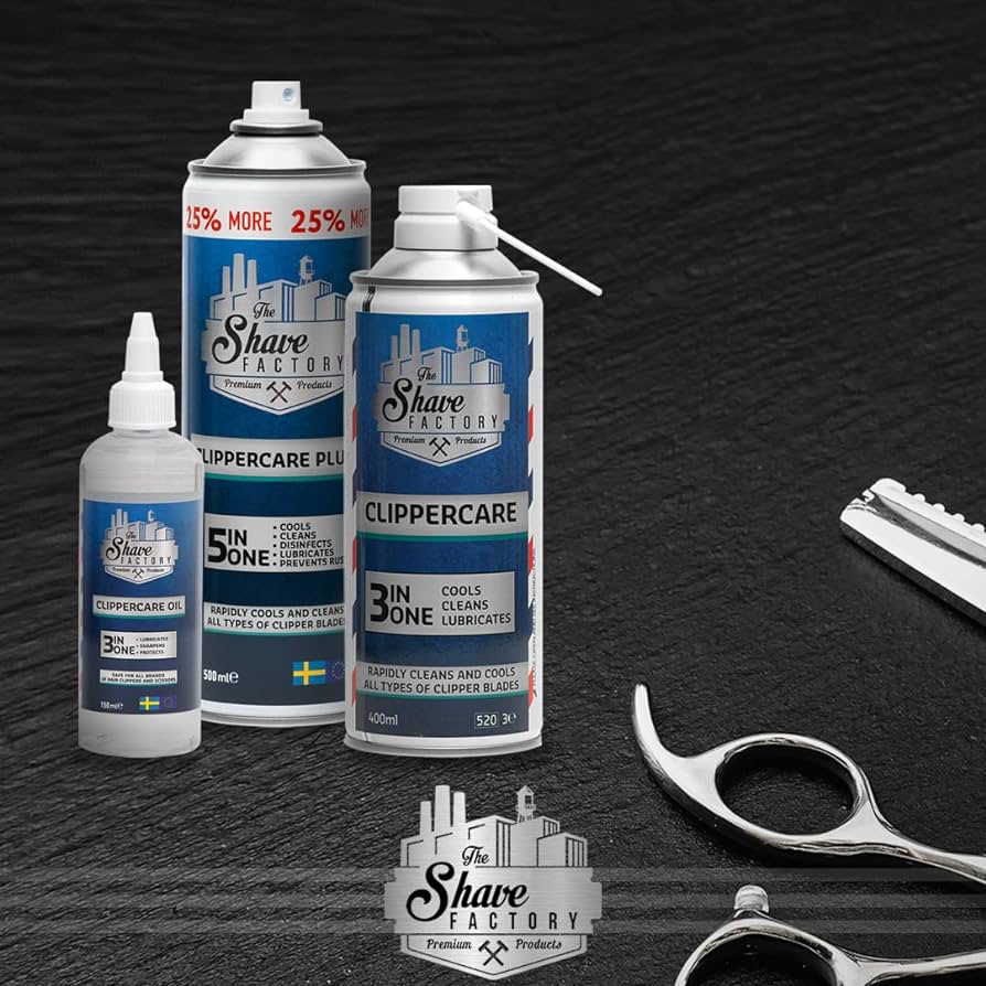 Produtos Shave Factory para aparadores de cabelo sobre superfície preta com tesoura.