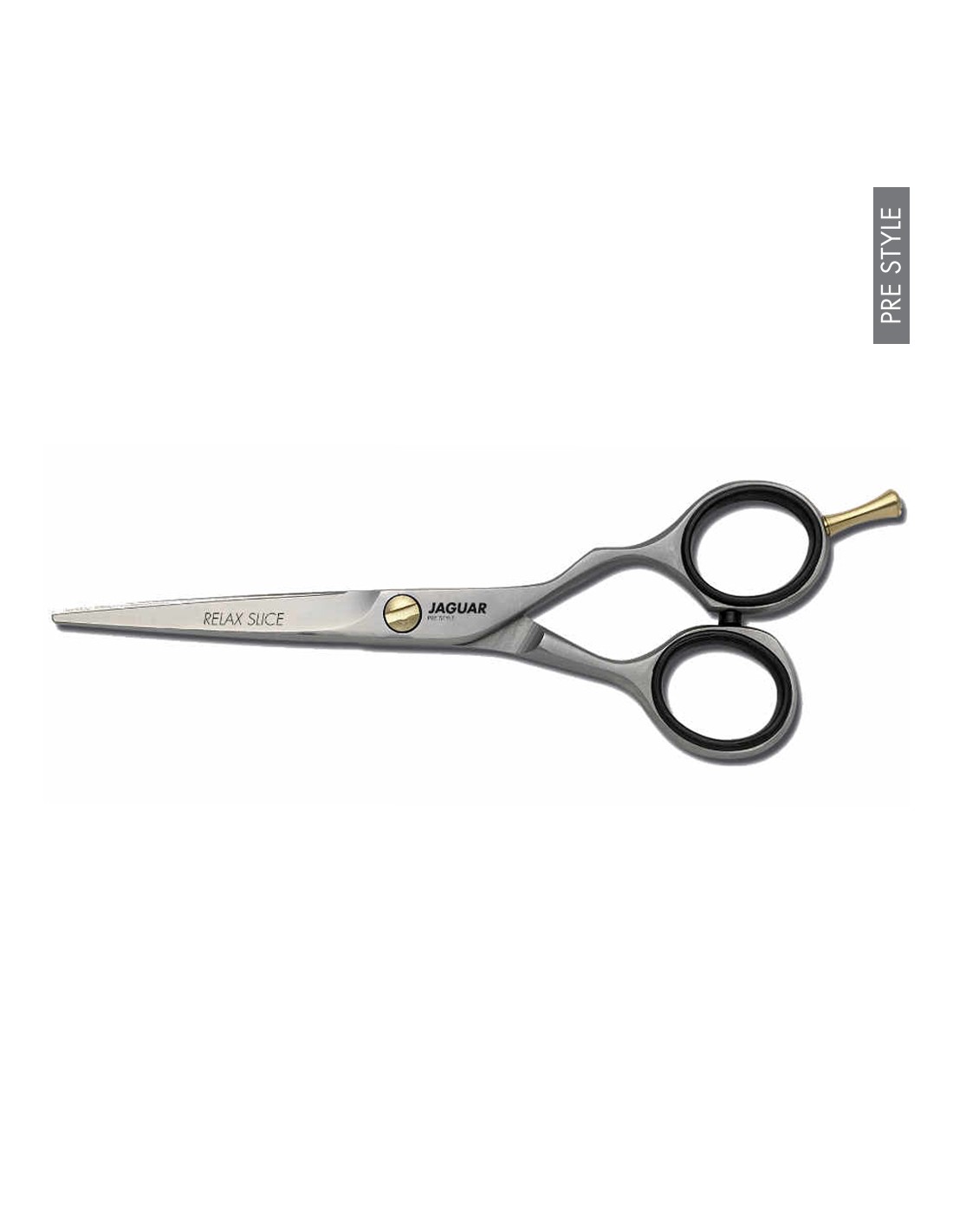 Tesoura de cabelo preta e metal com inscrições e etiqueta cinzenta num fundo branco