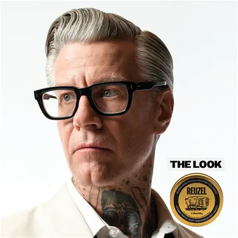 Homem com cabelo cinza penteado, óculos pretos e camisa branca junto a selo Reuzel.