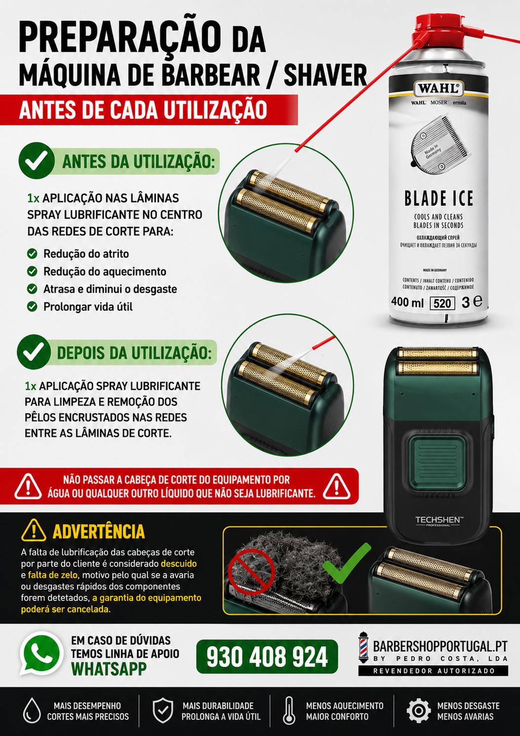 Instruções para preparação de máquina de barbear com spray lubrificante Wahl Blade Ice e máquina elétrica Techshen