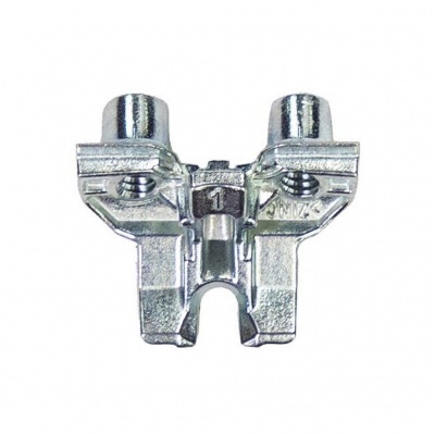 Conector metálico prateado com orifícios roscados e número 1