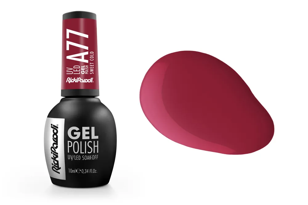 Frasco de verniz gel preto e vermelho com amostra de cor vermelha escura