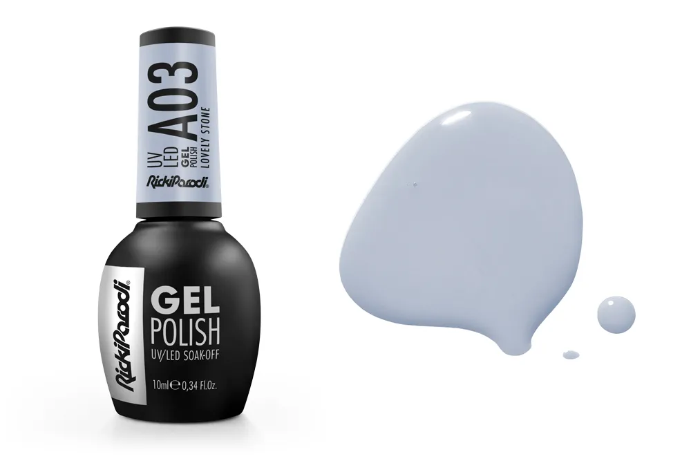 Frasco de verniz gel preto com tampa cinza e mancha de verniz cinza claro