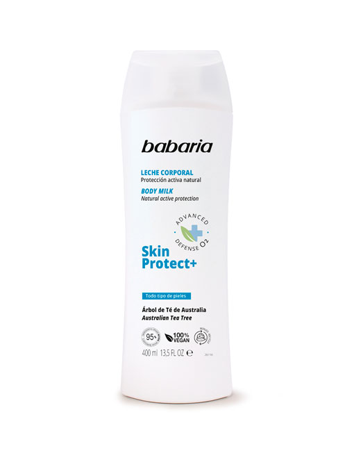 Frasco branco de leite corporal Babaria com texto e símbolos de proteção e ingredientes.