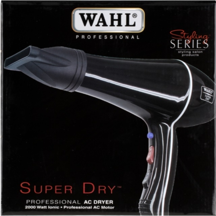 Secador de cabelo Wahl Professional Super Dry preto numa embalagem preta.