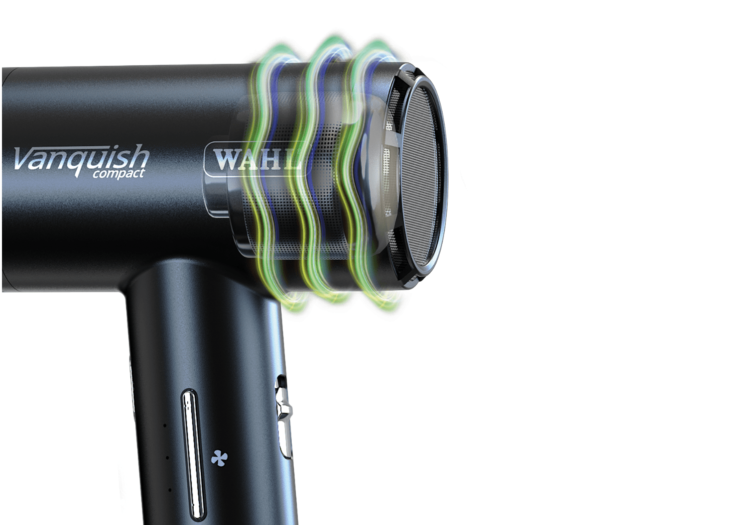 Secador de cabelo preto com texto Vanquish compact e WAHL, apresentando ondas coloridas na frente.