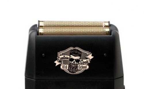 Aparelho de barbear elétrico preto com lamelas douradas e logótipo Captain Cook Old School