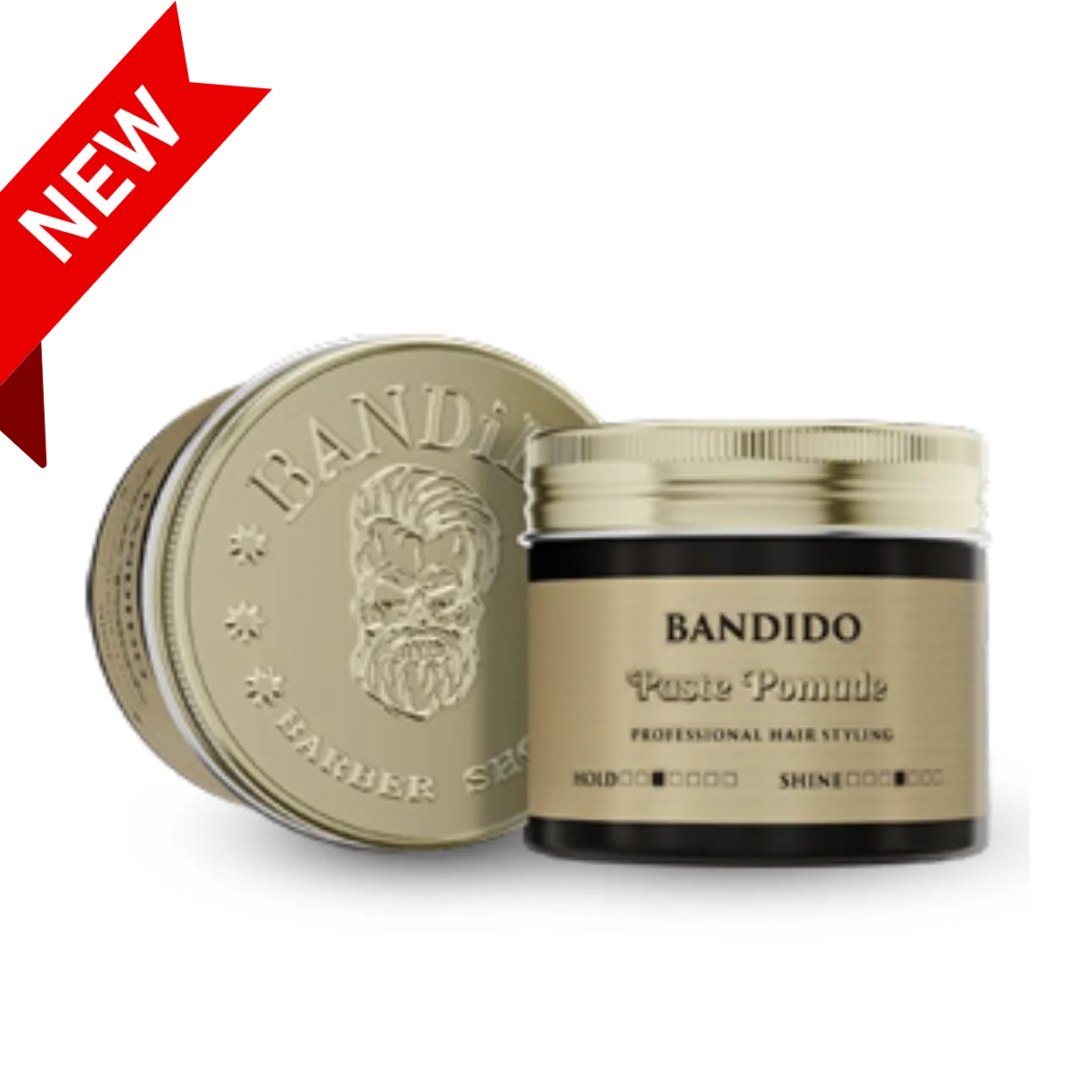 Pote dourado e preto de pomada para cabelo BANDIDO Paste Pomade com tampa com relevo de rosto de barbeiro