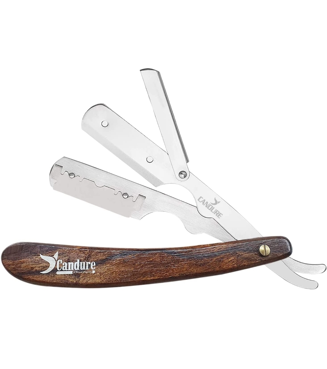 Navaja de barbear com cabo de madeira castanha e lâmina de aço inoxidável Candure