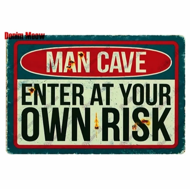 Placa decorativa vintage de metal com texto MAN CAVE ENTER AT YOUR OWN RISK