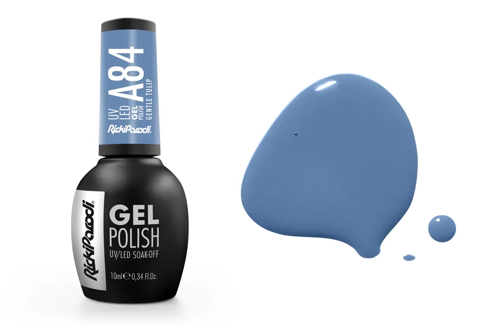 Esmalte de gel azul claro RickiParodi com código A84 e amostra de cor