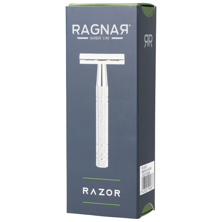 Embalagem cinza escura com texto branco e desenho de navalha da marca RAGNAR