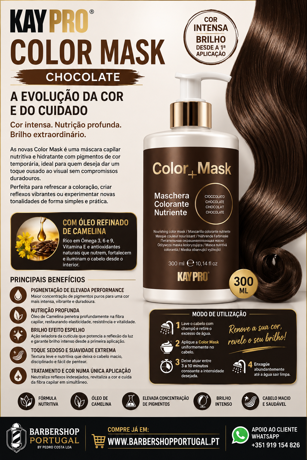 Máscara capilar KayPro Color Mask chocolate em embalagem branca com rótulo castanho e dourado
