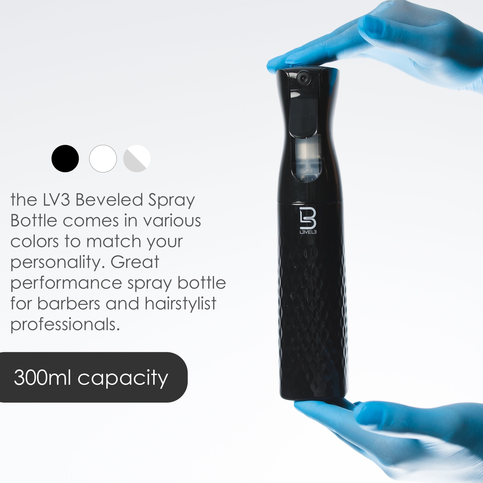 Frasco pulverizador LV3 preto com capacidade de 300ml e textura facetada