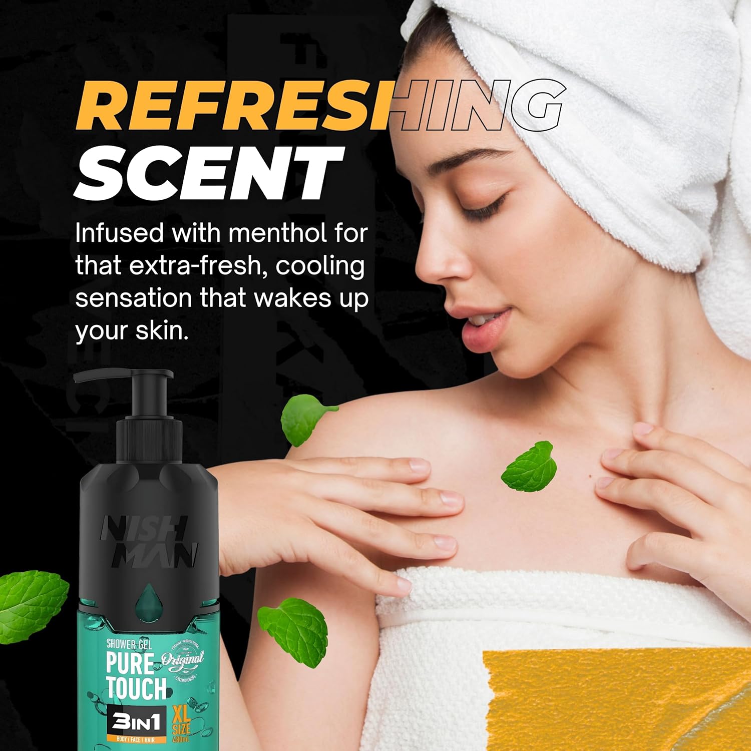 Gel de banho NISH MAN PURE TOUCH 3in1 em embalagem preta e turquesa ao lado de mulher com toalha branca