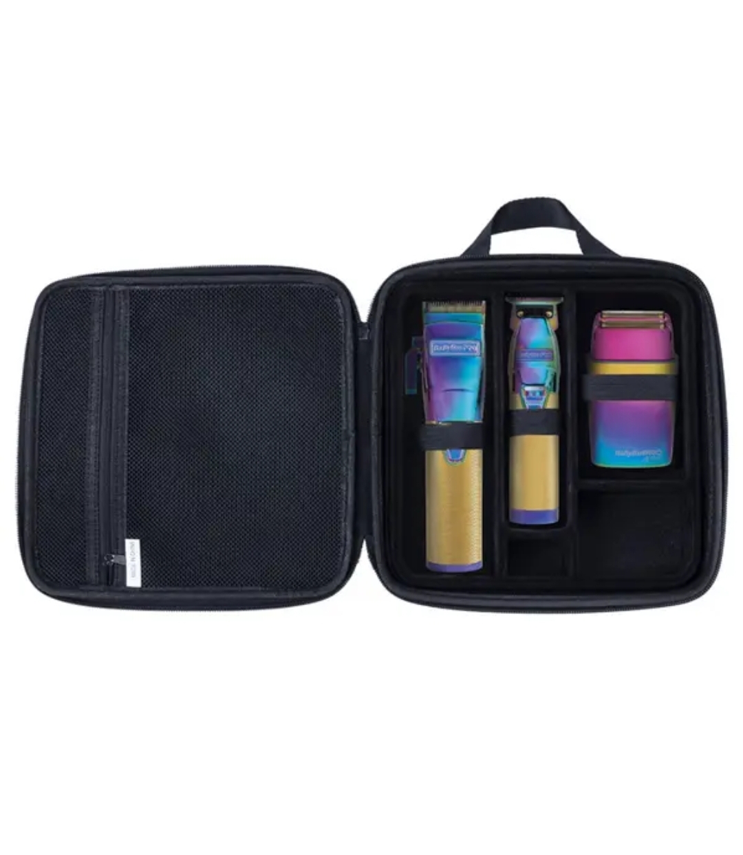 Conjunto de máquinas de barbear e aparar cabelo coloridas com estojo preto aberto