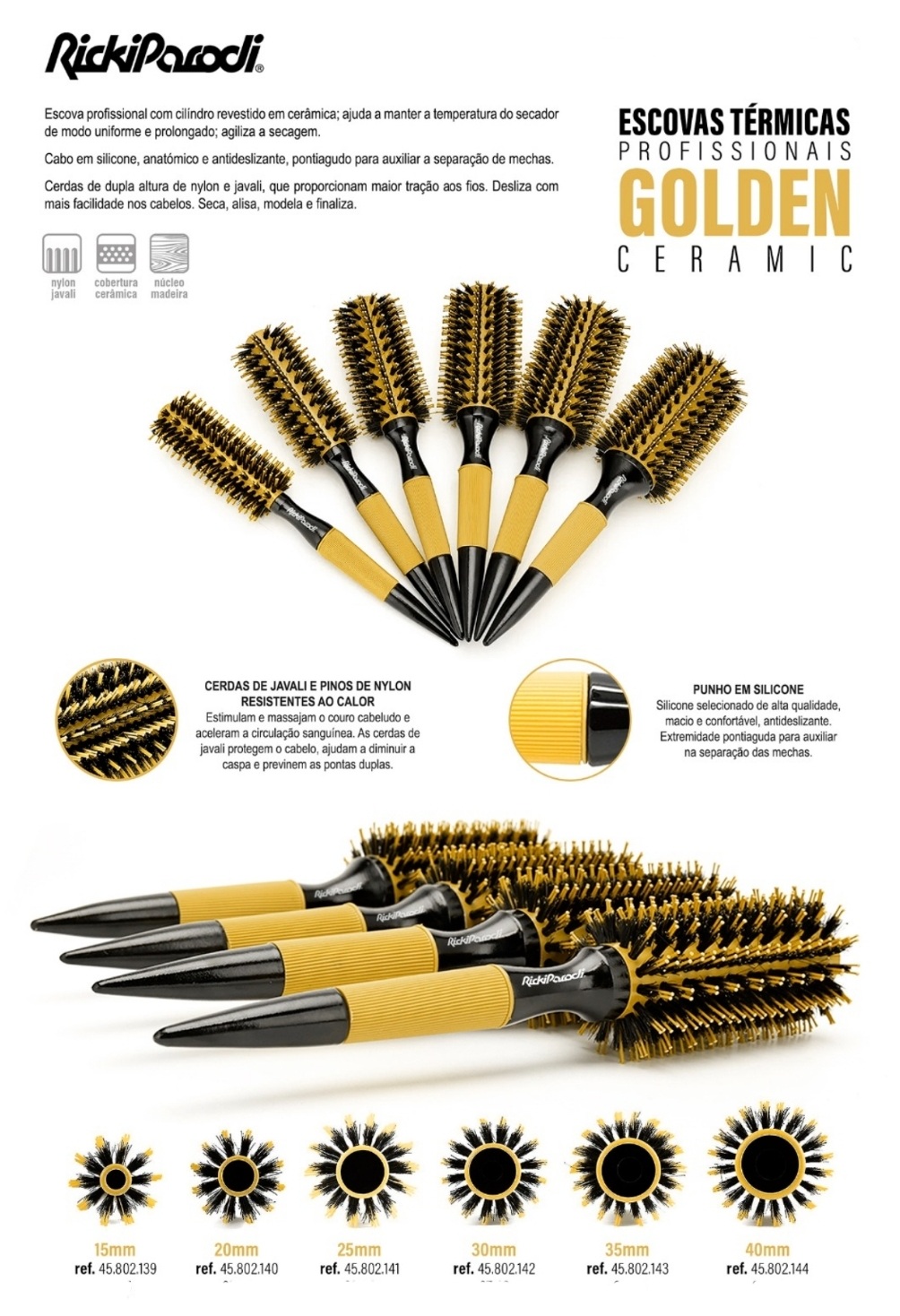 Conjunto de sete escovas térmicas amarelas com cerdas pretas em fundo branco com texto promocional da marca