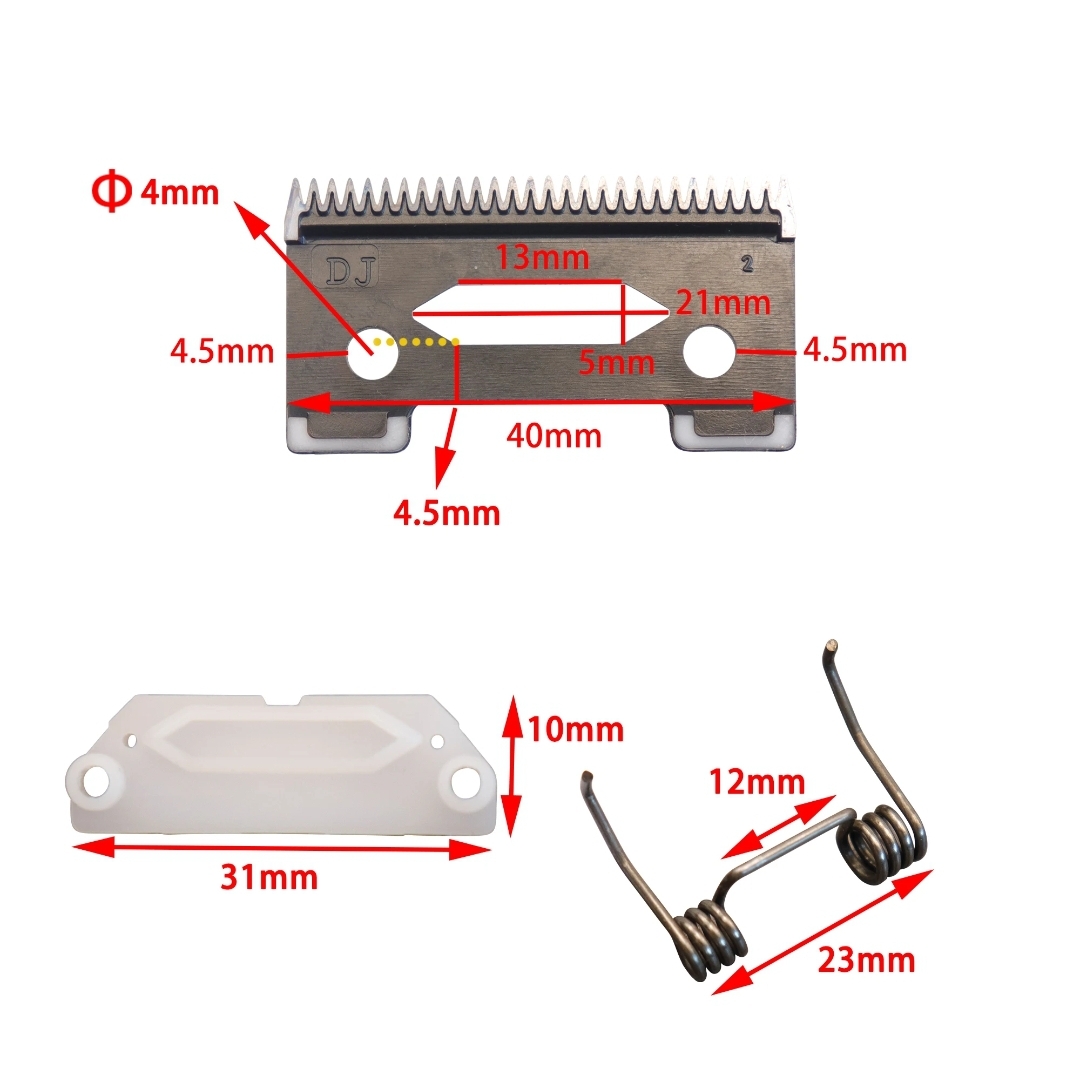 Peças metálicas e plásticas para máquina de cortar cabelo com medidas em milímetros.