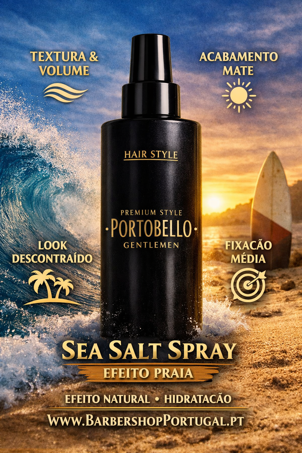 Frasco preto spray Portobello Gentlemen Sea Salt Spray com fundo de praia e onda