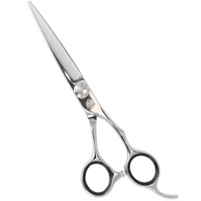 Tesoura de corte de cabelo em metal prateado com argolas pretas