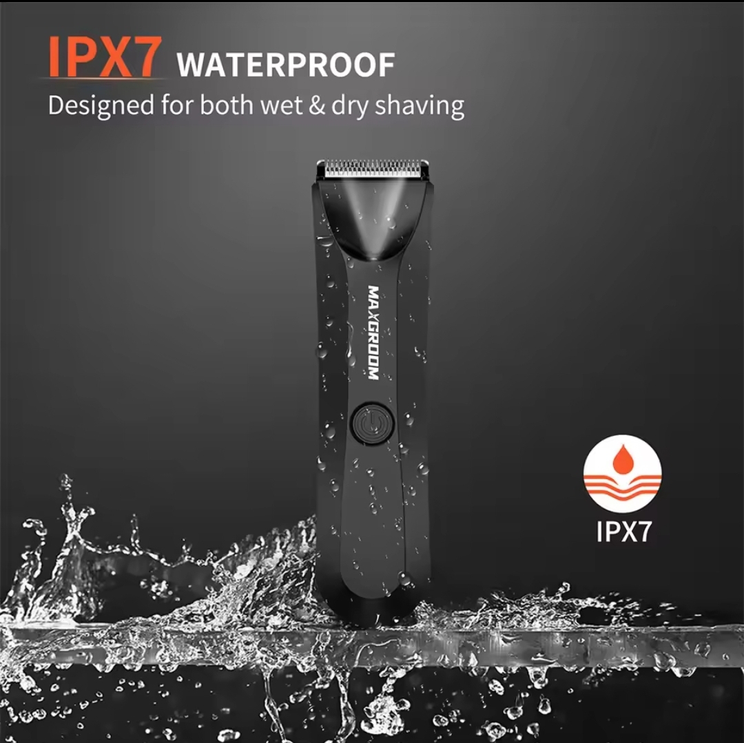 Aparelho de barbear elétrico preto MAKOKOM com texto IPX7 waterproof e gotas de água