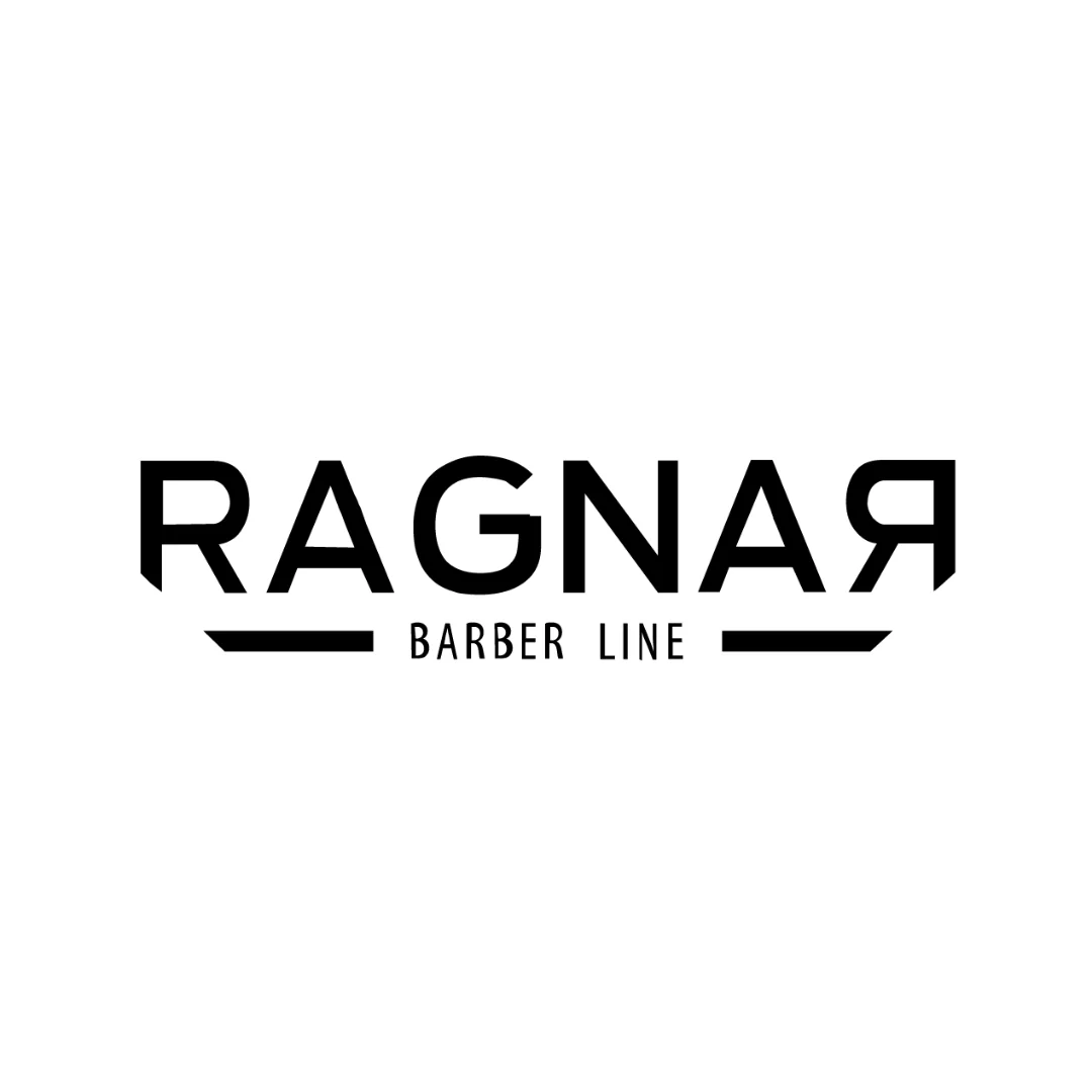 Logotipo preto com texto RAGNAR BARBER LINE em fundo branco