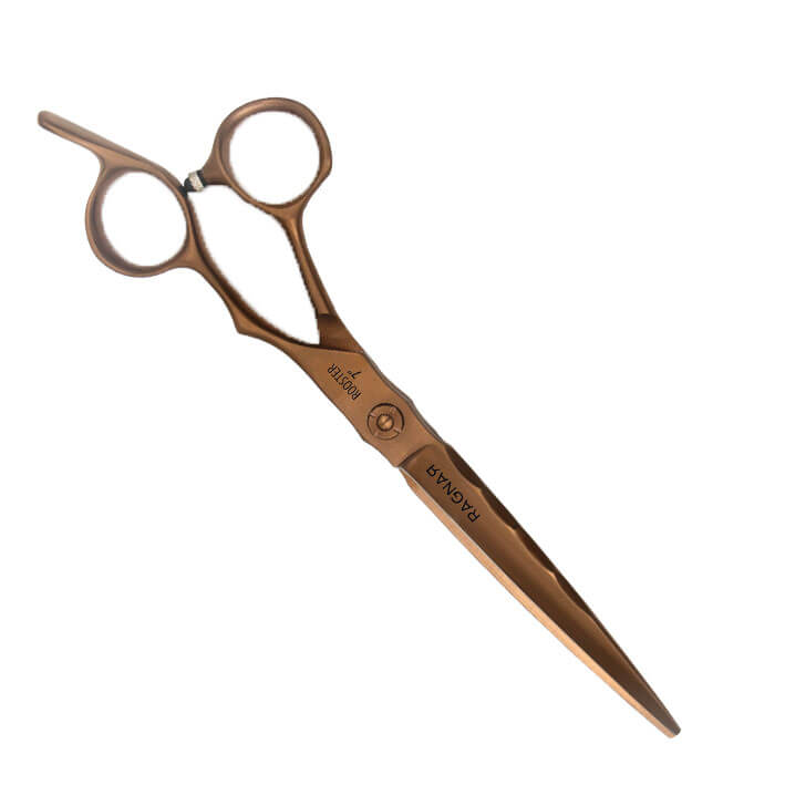 Tesoura de corte para cabelo metálica bronze com texto RAPONZI e RUIPRO