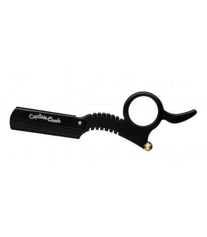 Navalha de barbear preta com detalhes dourados e texto 'Cuystudio Cook'