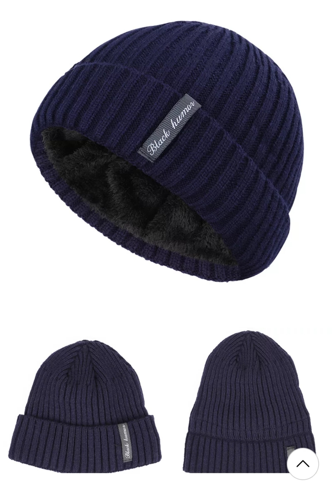 Gorro de malha azul escuro com etiqueta 'Black human' e interior felpudo