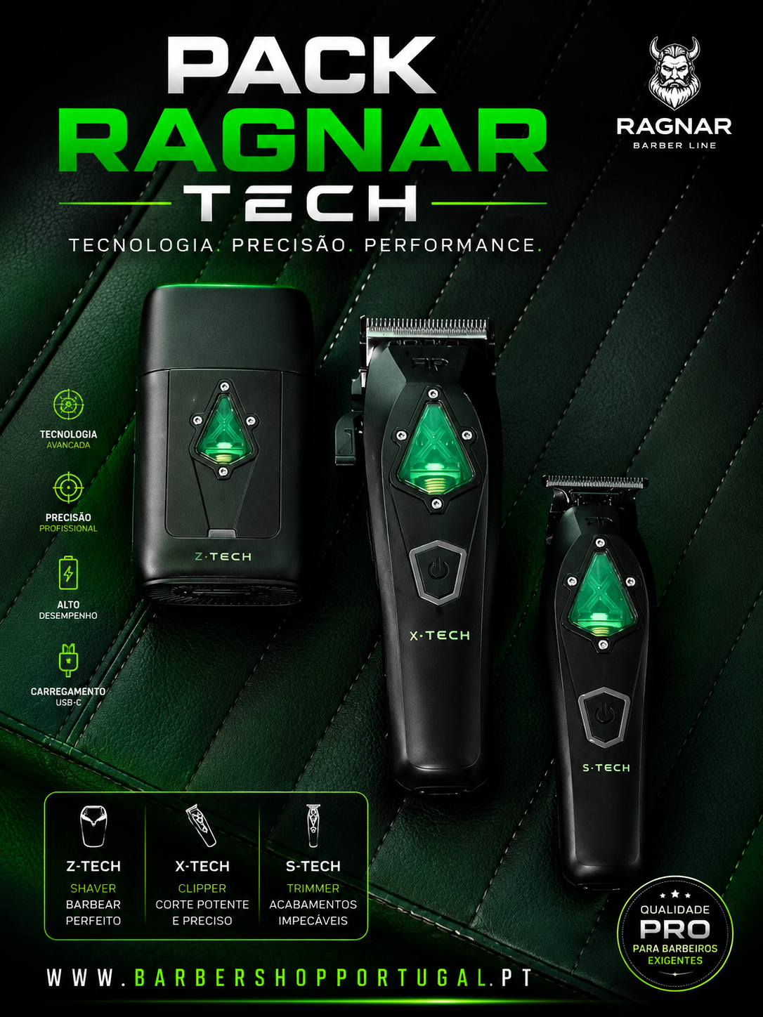 Pack RAGNAR TECH três aparelhos de barbear preto com detalhes verdes sobre couro verde com costura.