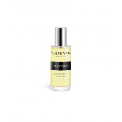 Frasco de perfume amarelo com rótulo preto e tampa prateada