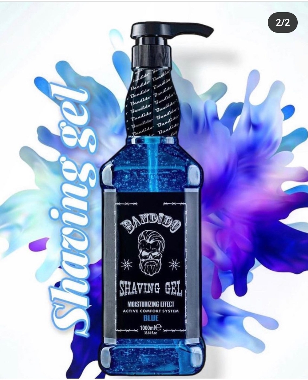 Frasco azul de gel de barbear com tampa preta e rótulo com texto branco