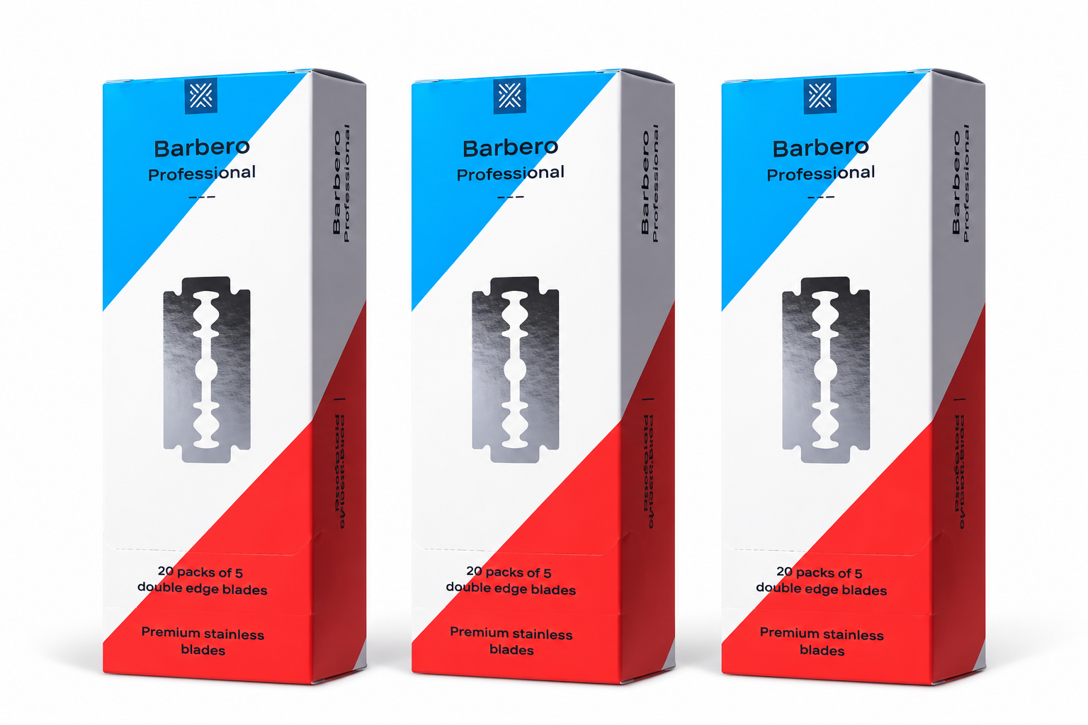 Caixas de lâminas de barbear Barbero Professional com design azul, branco e vermelho e texto preto.