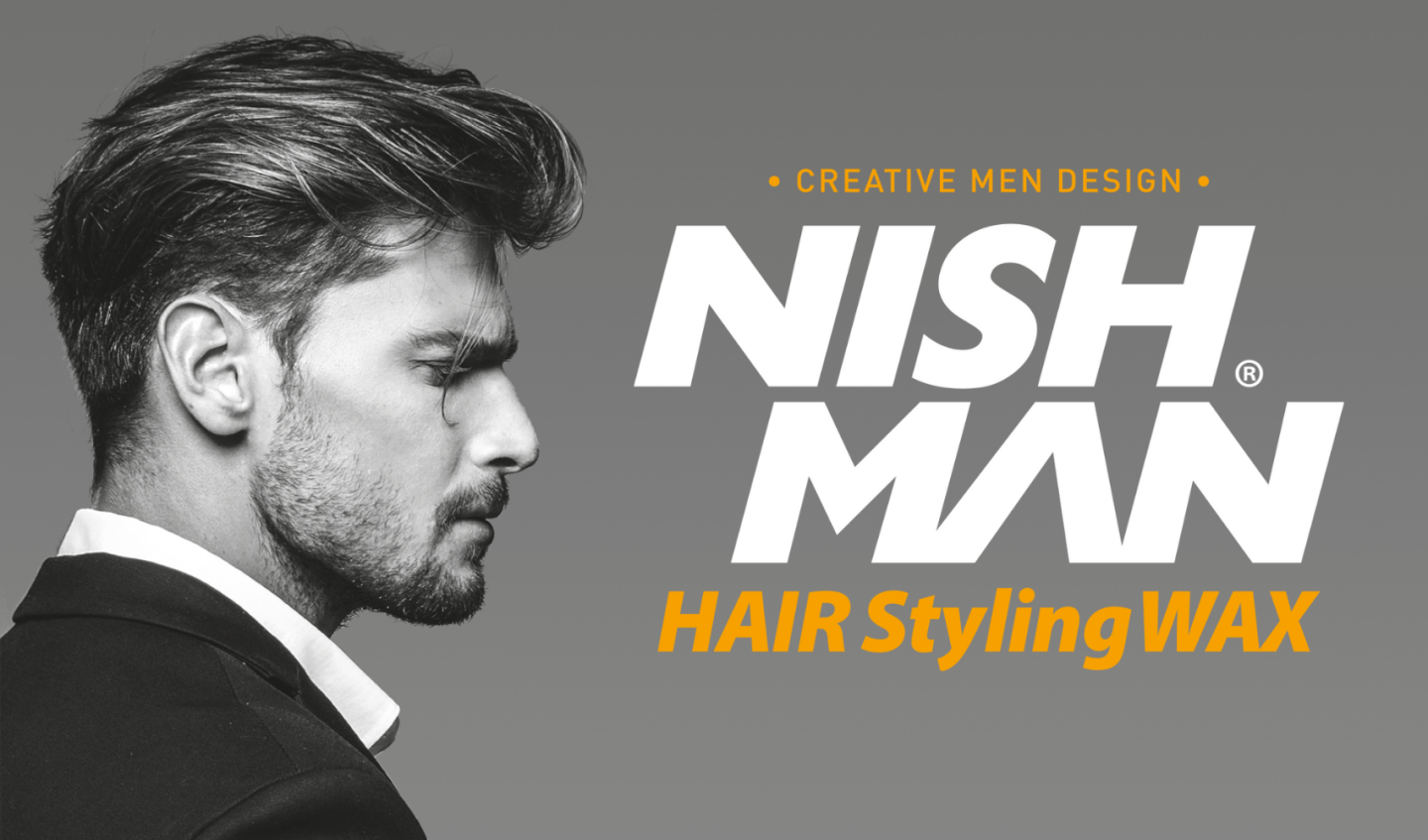 Homem de perfil com cabelo estilizado e texto do produto Nish Man Hair Styling Wax