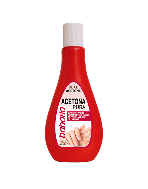 Frasco vermelho de acetona Babaria com tampa branca e rótulo com texto e imagem de unhas